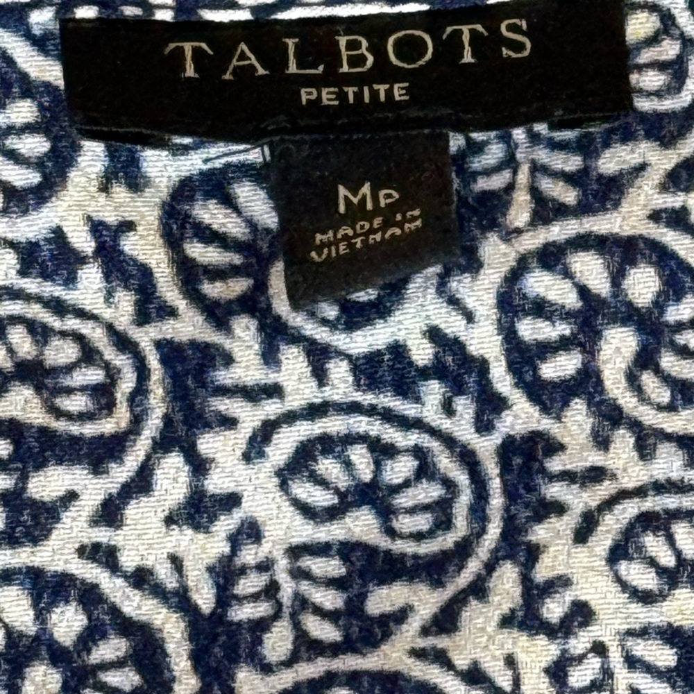 Talbots Petite M Navy Blue Print Faux Wrap V-Neck Viscose Blouse Hip Length - Picture 5 of 9
